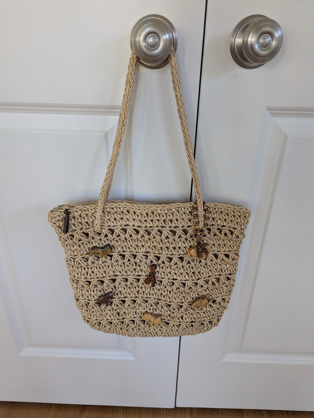 St. John's Bay Beige Woven Tote with Animal Charms